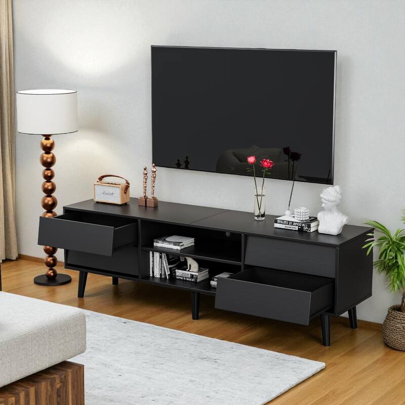 63" Vintage-Style TV Stand with Beveled Design, Media Console with 4 Drawers & 2 Shelves, Solid Wood Legs