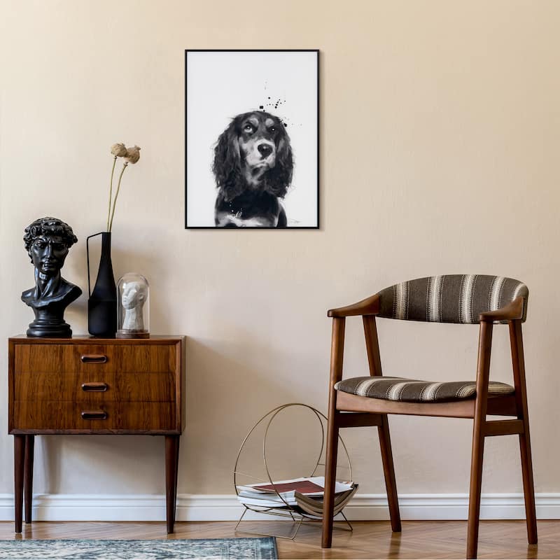 "Cocker Spaniel" Black and White Pet Portraits on Reverse Printed Art Glass, Minimally Encased on Black Anodized Aluminum Frame