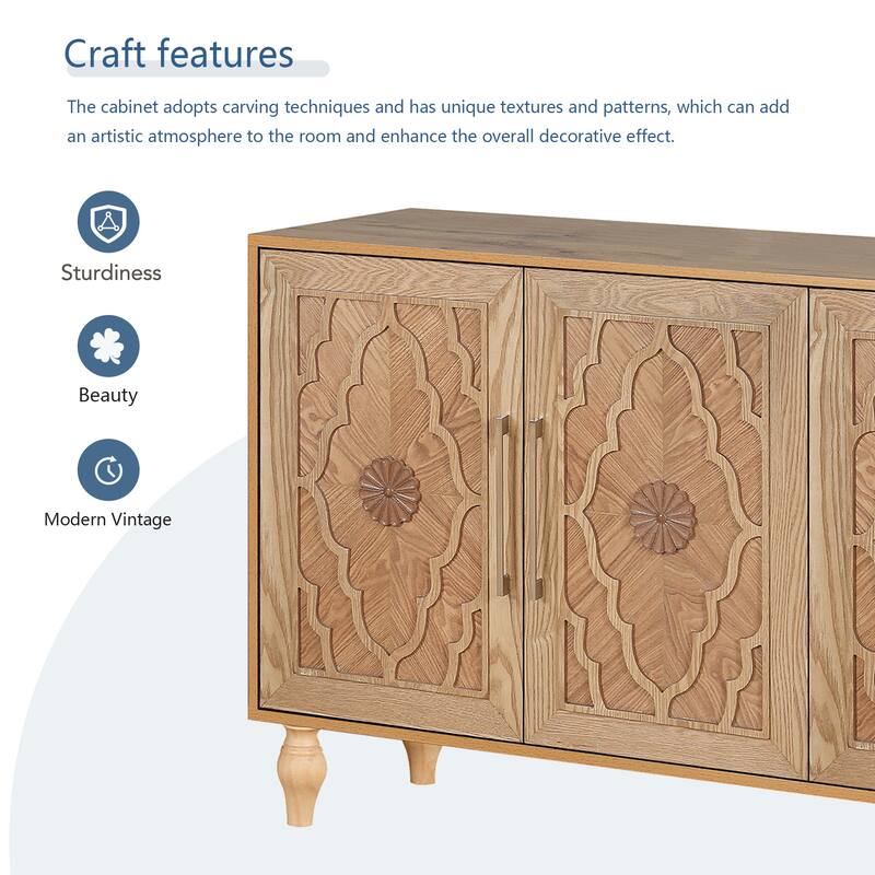 Storage Cabinet with Carved Flower Doors, Sideboard Cabinet with Metal Handle, Accent Cabinet with Adjustable Shelves