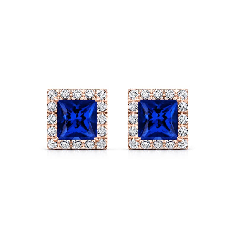 Auriya 14k Gold Lab Grown Gemstone Blue Sapphire Stud Earrings Princess 0.25 to 5.00 ct. tw. Halo Screw-Back
