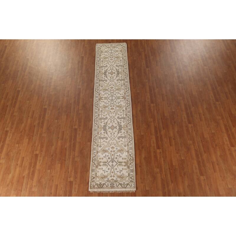 All-Over Ivory Oushak Oriental Runner Rug Hand-Knotted Wool Carpet - 2'6"x 11'9"