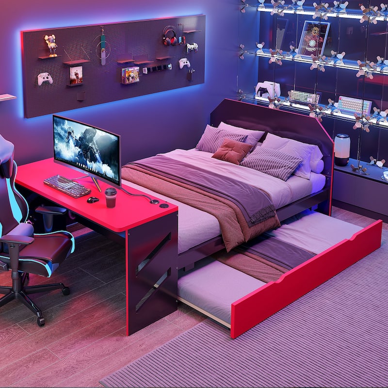 Full Daybed with Trundle, Wood Daybed with Built-in Desk and USB Charging Station, Twin Trundle Bed with Storage - Red