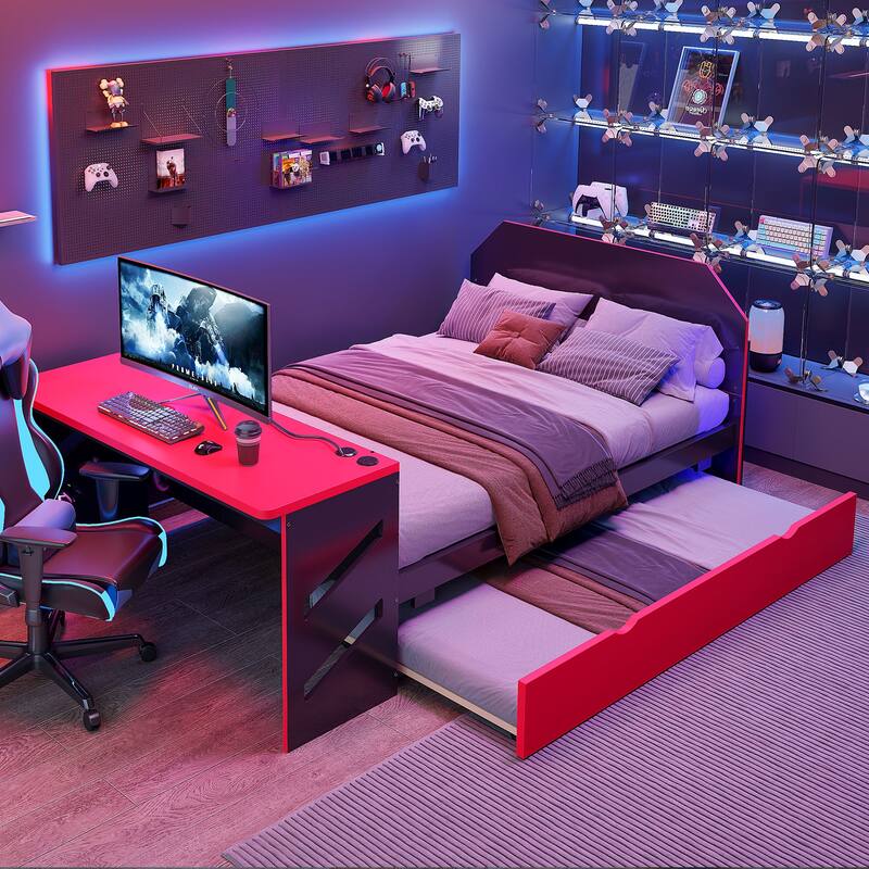 Full Size Wood Daybed with Twin Trundle, Desk, and USB Port