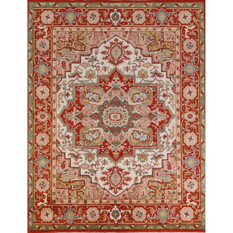 Hand Knotted Oriental 100% Wool Carpet Traditional Medallion Beige & Ivories Heriz (serapi) Area Rug - 9' 11'' X 8' 0''