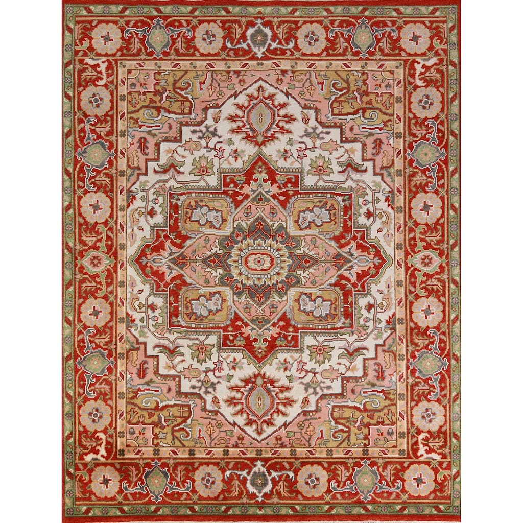 Hand Knotted Oriental 100% Wool Carpet Traditional Medallion Beige & Ivories Heriz (serapi) Area Rug - 9' 11'' X 8' 0''