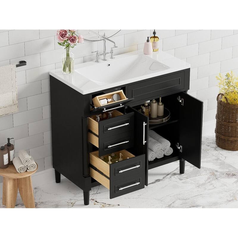 Bathroom Vanity with Top Resin Sink, Bathroom Storage Cabinet with Adjustable Shelf, Vanity Set with Tip-out Drawer