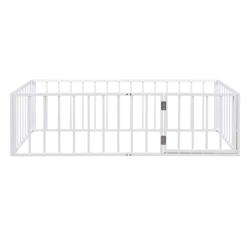 Twin Size Metal Floor Bed Frame with Fence and Door for Kids, Boys and Girls, Bedroom