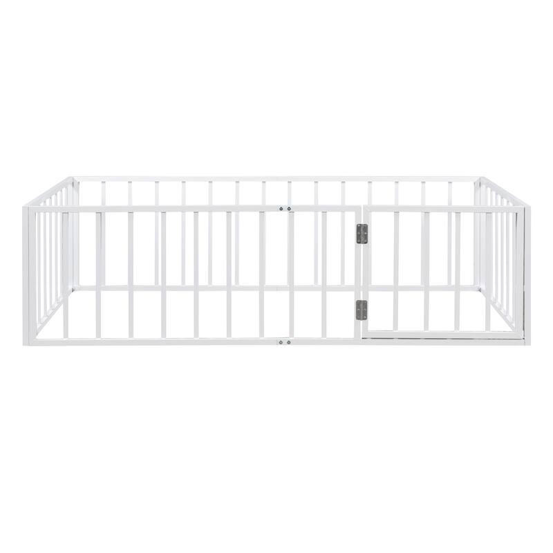 White Twin Size Metal Floor Bed Frame with Fence & Door