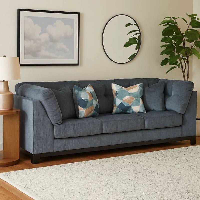 Maxo Sofa, 100 Inch Tufted Rich Blue Polyester, 5 Accent Throw Pillows