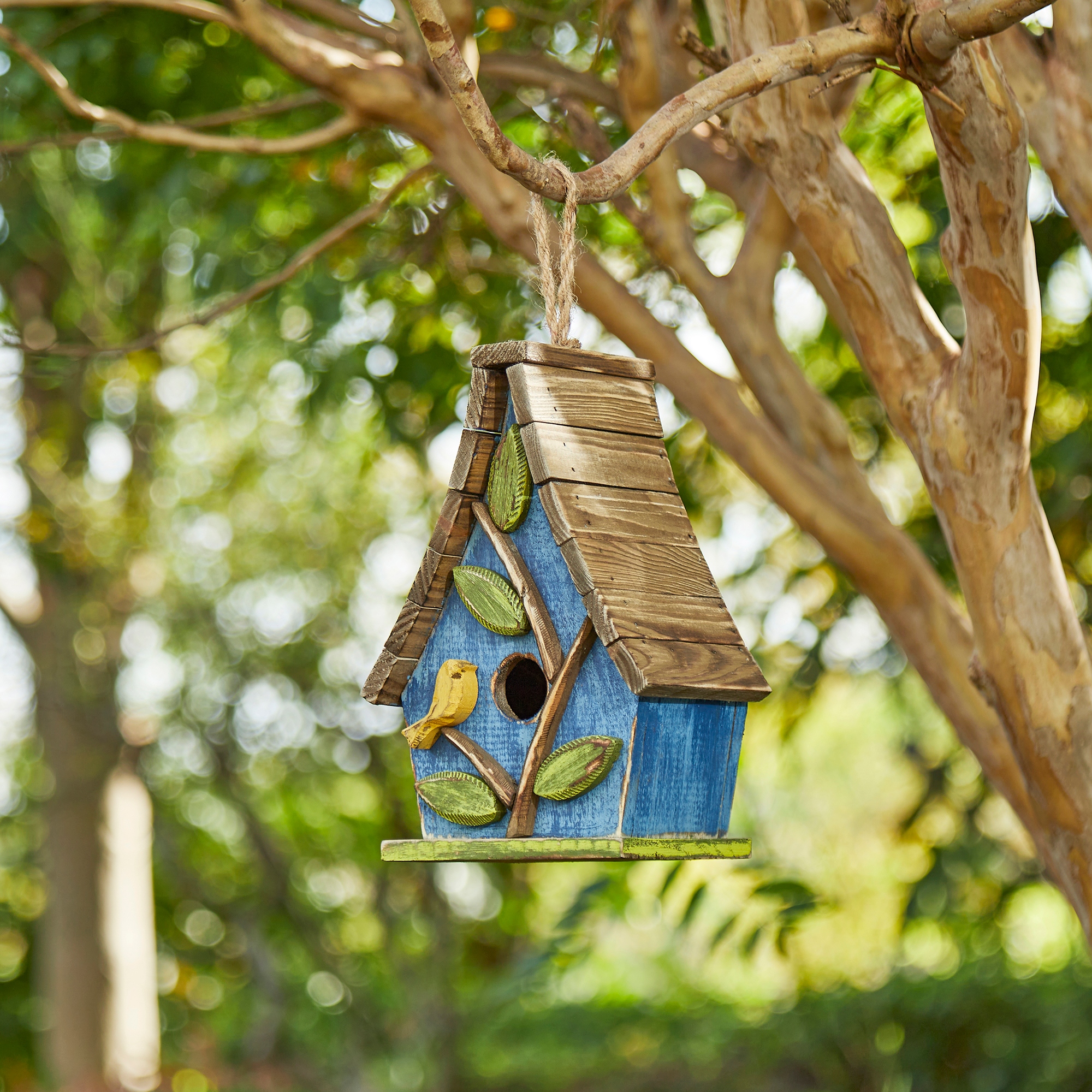 Washed White Distressed Solid Wood 2024 Cottage Birdhouse Hanging Bird House for Outdoors