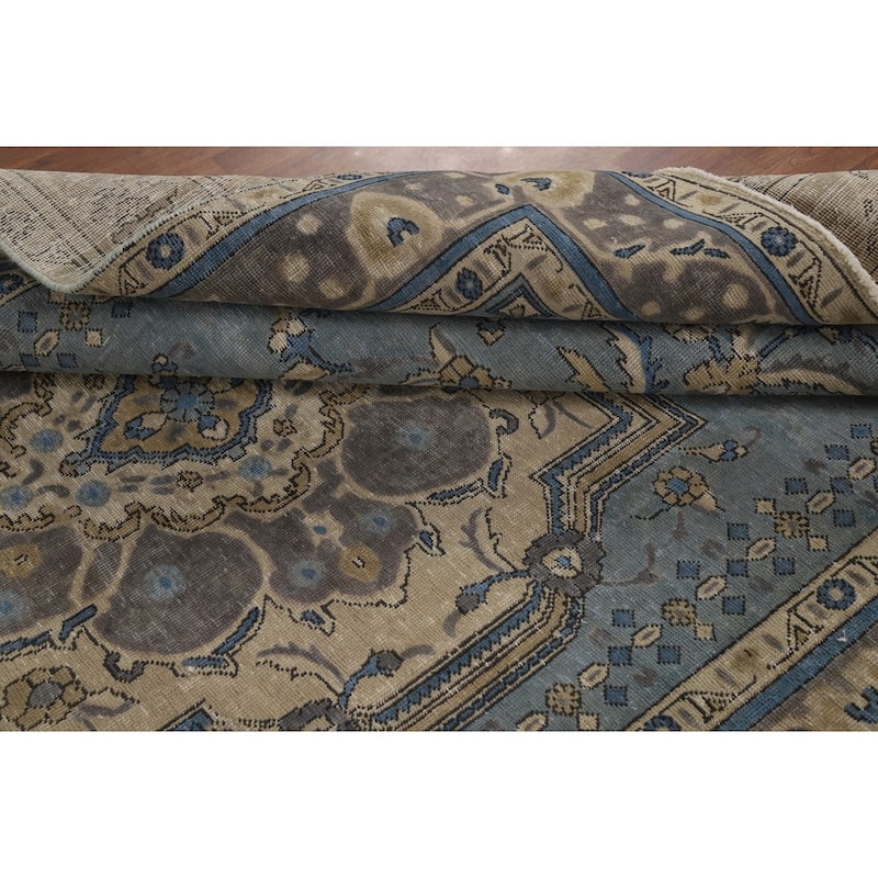 Geometric Blue Tabriz Persian Rug Traditional Hand-Knotted Wool Carpet - 6'7"x 9'9"