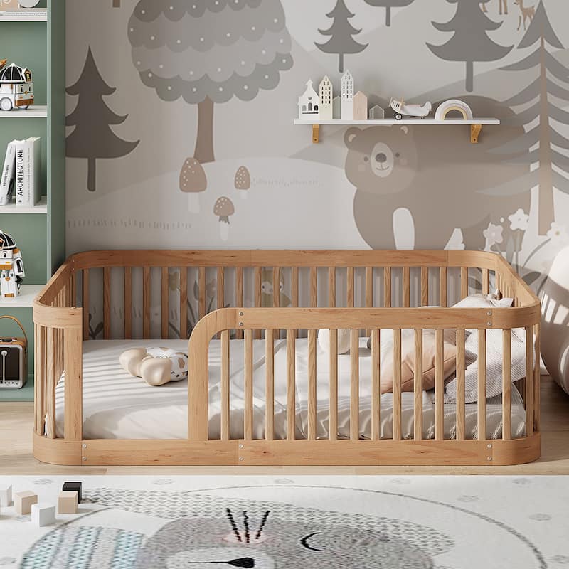 Enchanting Wood Twin Size Floor Bed Frame with Protective Fence by Harper & Bright Designs
