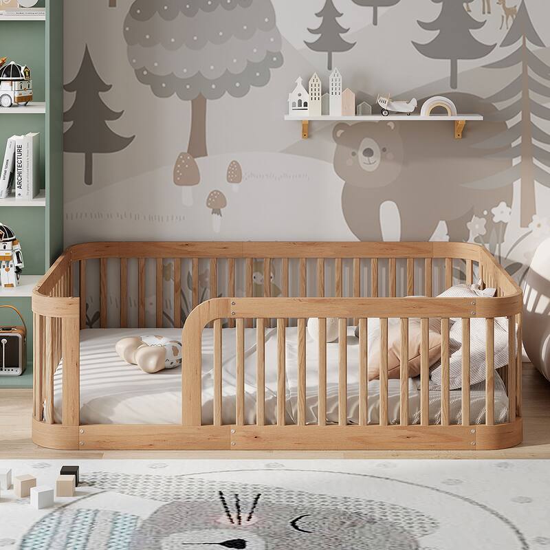 Floor Bed Frame with Fence, Montessori Toddler Bed, No Slats, No Doors, Rounded Corners Wooden Bed