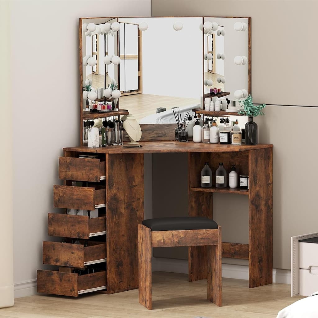 Vanity Desk with Mirror and Lights, Corner Makeup Vanity Desk
