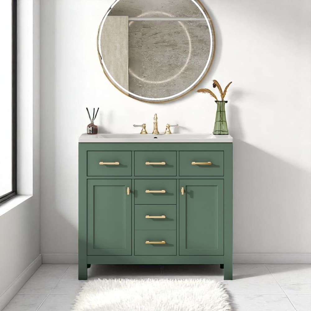Freestanding 36'' Single Sink Bathroom Vanity with 2 Cabinets & 4 Drawers, Ceramic Top, Modern Shaker Style