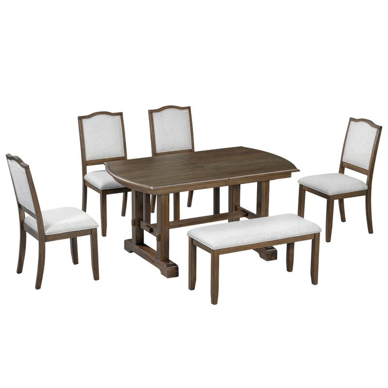 Classic 6-Piece Extendable Dining Table Set Includes 4 Dining Chairs and Bench for Family Gatherings