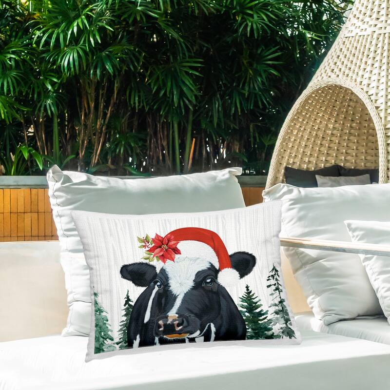 Stupell Christmas Hat Cow Portrait Printed Outdoor Throw Pillow Design by Ashley Justice