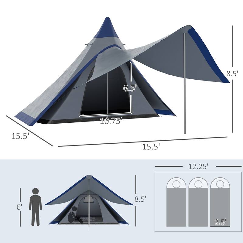 Outsunny Teepee Tent, Easy Set-Up Camping Tent with Porch Area, Floor and Carry Bag