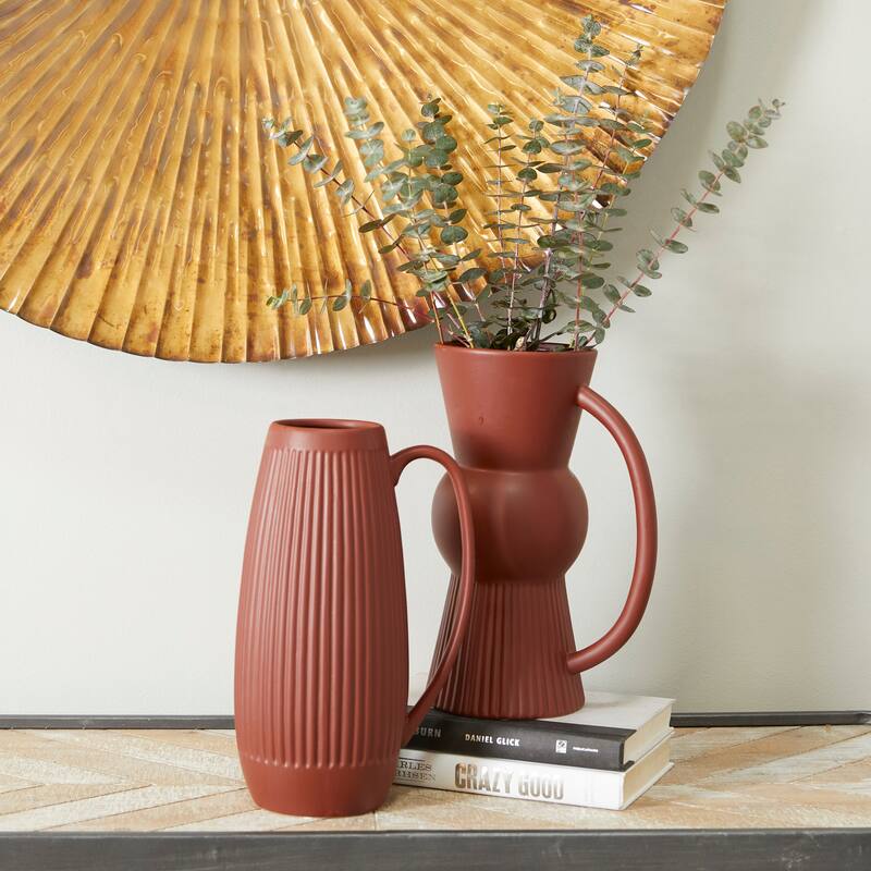 Red Ceramic Ribbed Decorative Vase with Handles (Set of 2) - 7"W, 12"H - Red