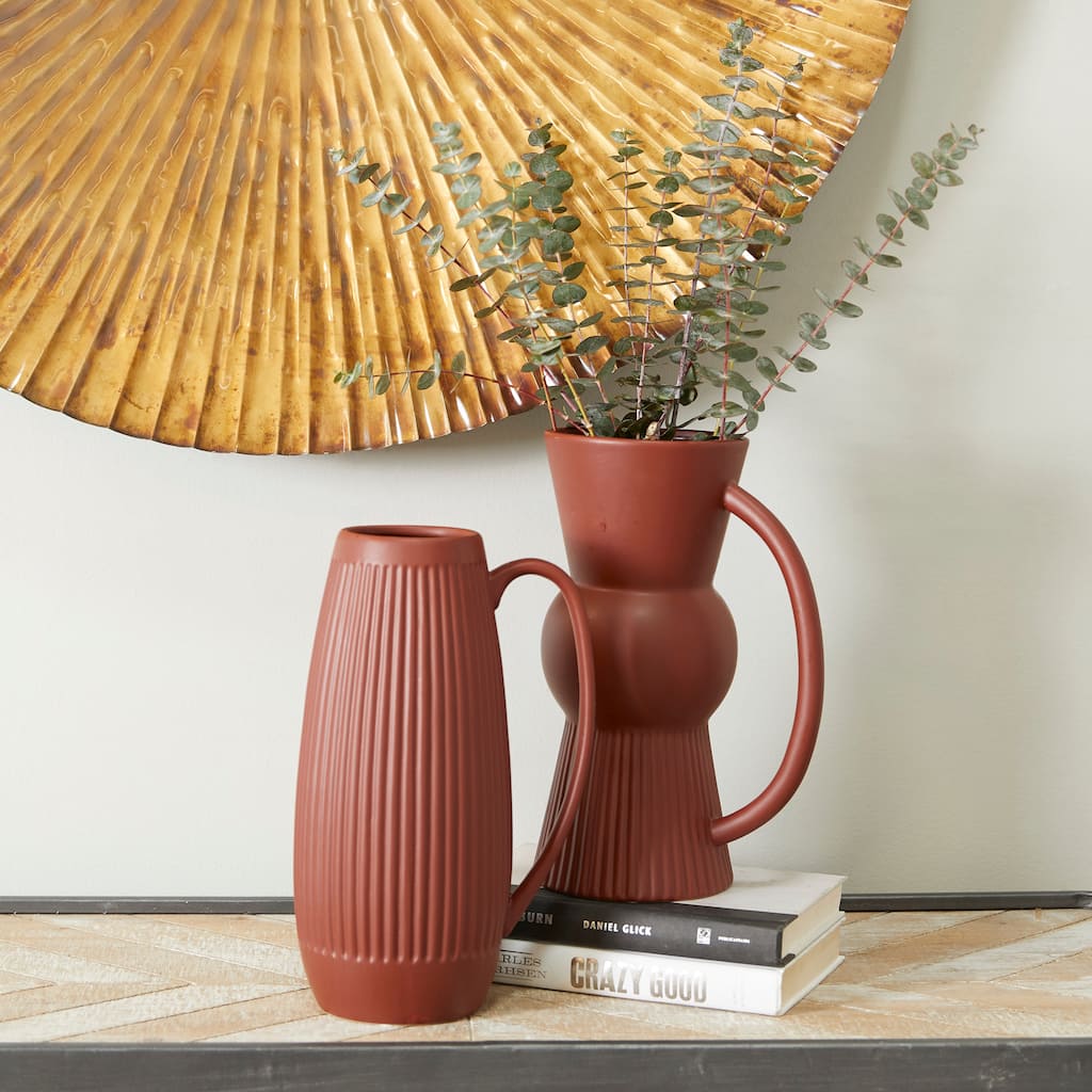 Red Ceramic Ribbed Decorative Vase with Handles (Set of 2)