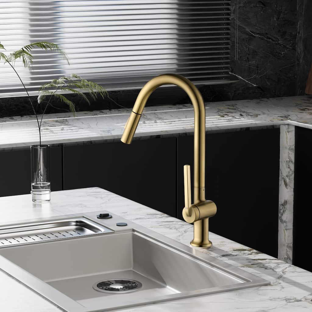 Modland 17''H Gooseneck Pull Down Kitchen Faucets For Kitchen Sinks in Gold