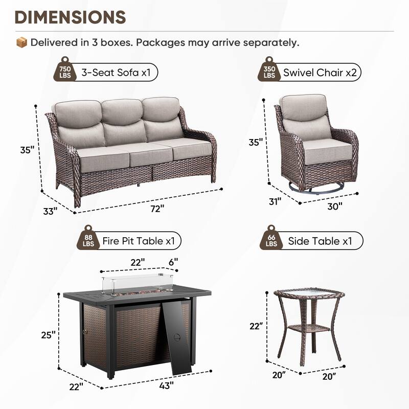 Pocassy Patio Sofa Swivel Chairs w/ 43in Fire Pit Table Set