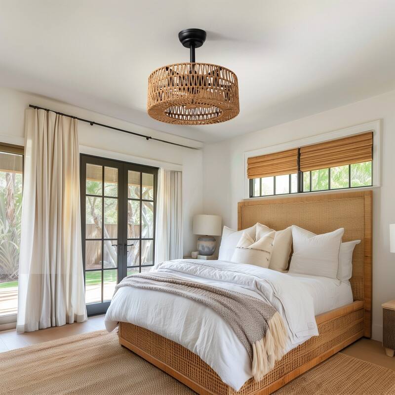 18 in. Boho Caged Ceiling Fan with Light Rattan Farmhouse Fandelier Low Profile Ceiling Fan for Bedroom Kitchen Living Room