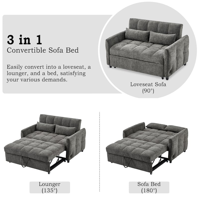 Anmytek 52.8" Modern Multi-Functional Tufted Loveseat Sleeper Sofa Adjustable Backrest 3 USB Ports 2 Lumbar Pillows