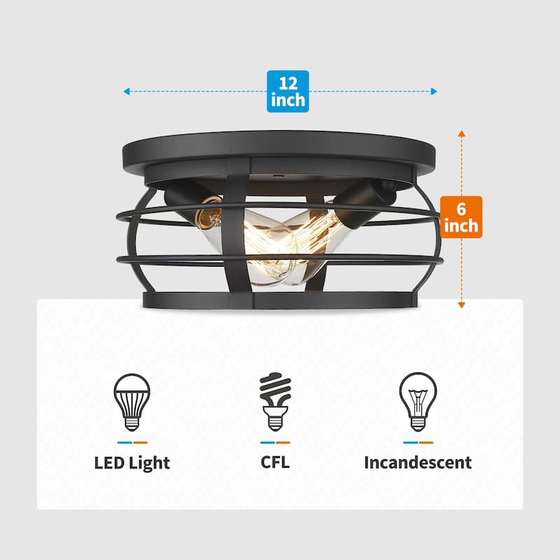 2-Light Industrial Flush Mount Ceiling Lights,Black Finish