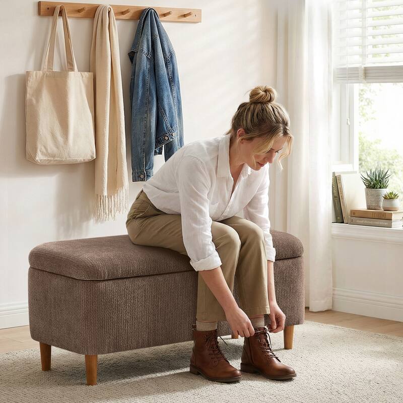 39in Soft Chenille Fabric Storage Ottoman Bench for Bedroom / Entryway Bed Foot / Living Room，Upholstered Entryway Bench