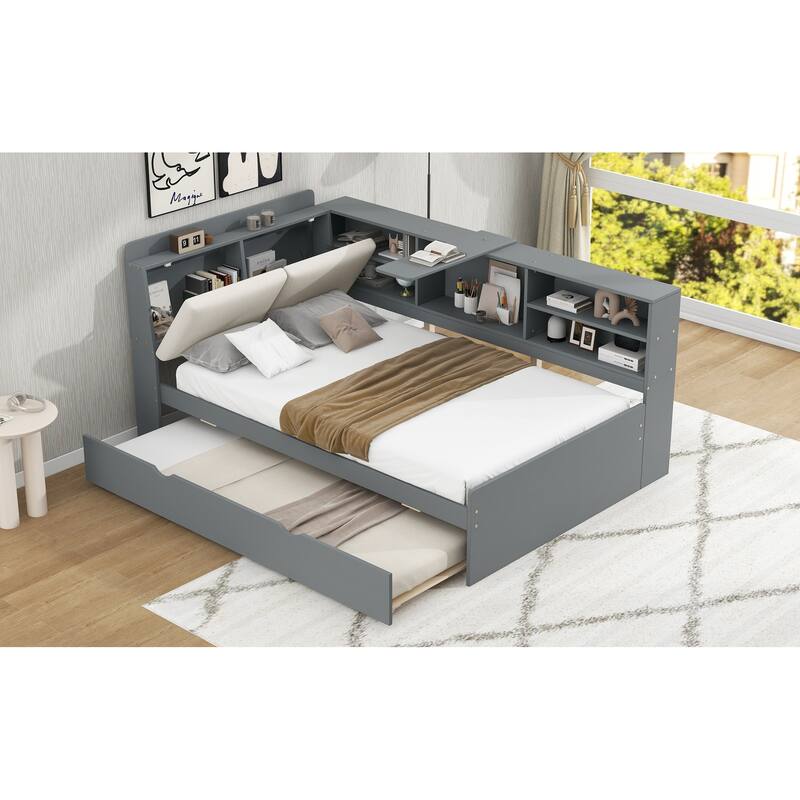 Twin Size Platform Bed with Trundle, Storage Shelves, Headboard with Upholstery, and Space-Saving Rotating Board
