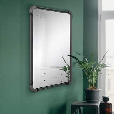 MacLuu Rectangular Industrial Black Metal Pipe Hanging Wall Mirror - 30.12" W x 22.4" H x 0.98" D
