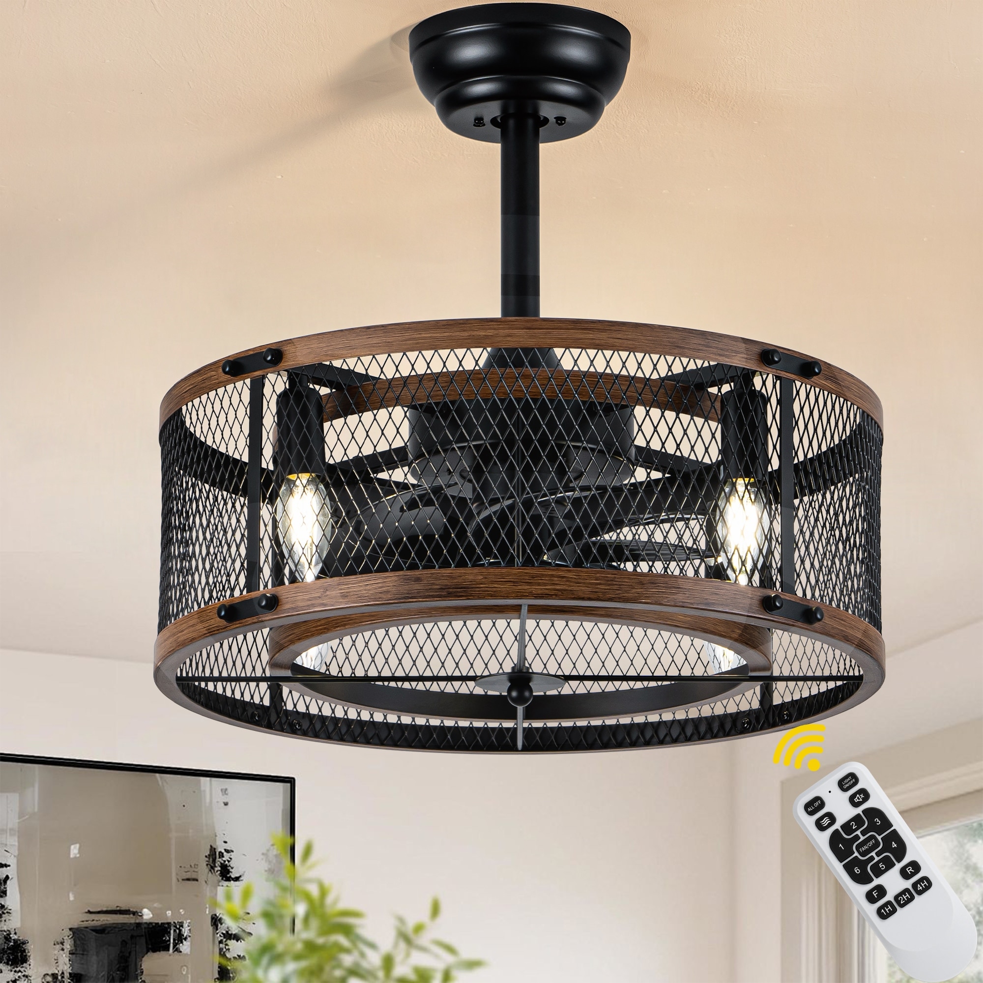 Bella Depot 19" Industrial Metal Caged Ceiling Fan with Light and Remote 6-speed Reversible Fan for Bedroom - 18.9inch