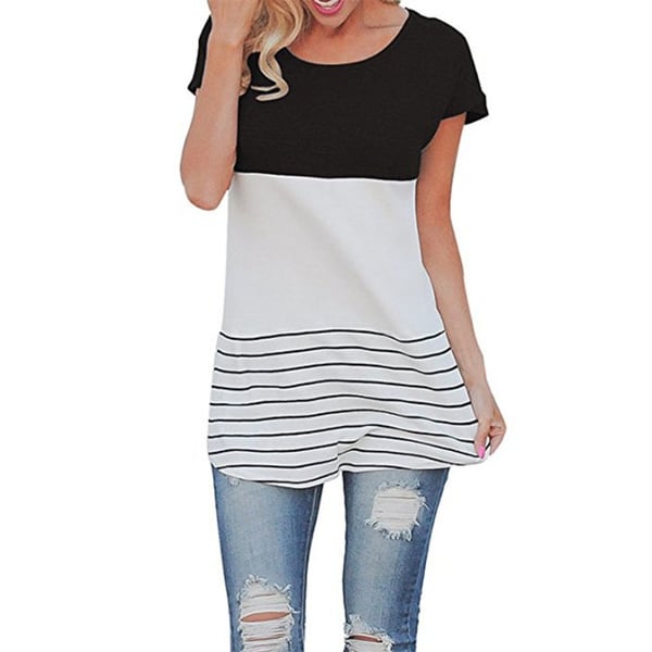 Women's Cotton Back Lace Color Block Short Sleeve T-Shirts Blouses