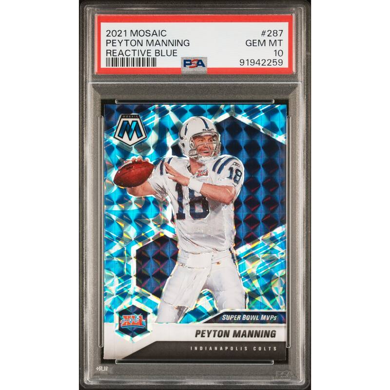 Peyton Manning 2021 Panini Mosaic Reactive Blue Football Card #287 Graded PSA 10 - 8'6" x 11'6"