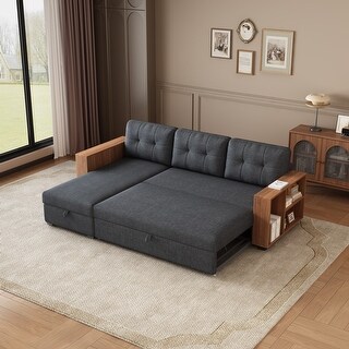 L-Shape Sectional Sofa Pull out Sleeper Sofa Bed with Wooden Handrail ...