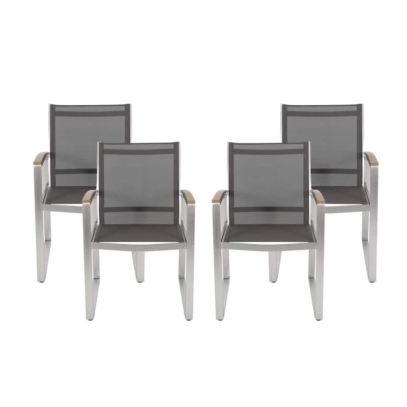 Glasgow Aluminum Outdoor Dining Chairs with Faux Wood Accents by Christopher Knight Home - Silver + Outdoor Mesh