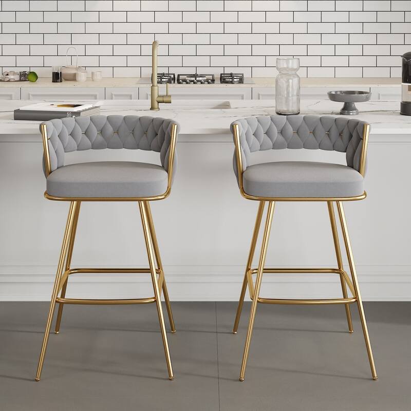 Javlergo Set of 2/4/6 Counter Height Bar Stools, 26.77" Upholstered Woven Back Bar Chairs with Armrests and Footrest - Grey - Set of 2