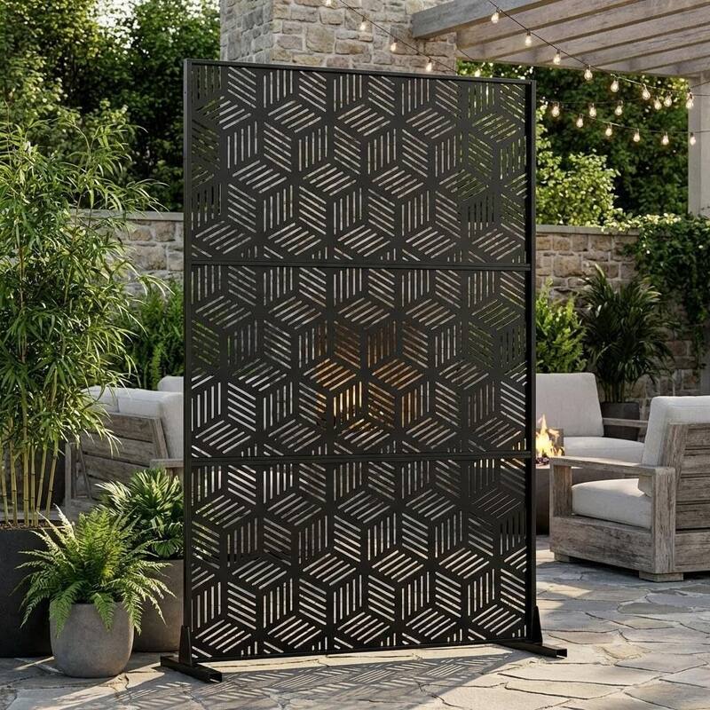 Freestanding Weatherproof Garden Divider Panel Privacy Screen, Fence for Patio Deck Backyard, Square Pattern - Black