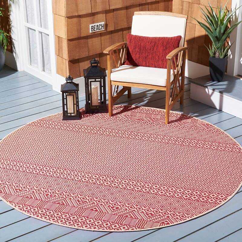 SAFAVIEH Courtyard Shikibu Indoor/ Outdoor Waterproof Patio Backyard Rug - 6'7" Round - Beige/Red