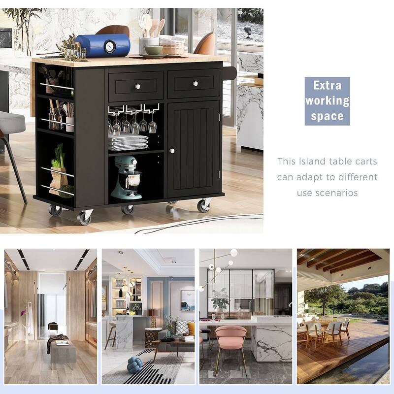 47" Modern Kitchen Cart with Electrical Outlet, Rubberwood Kitchen Island with Drop Leaf and Adjustable Storage Cabinet