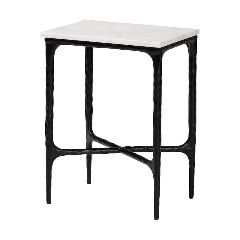 Akanji Marble End Table - Modern Rustic Accent Table with Hand-Forged Metal Frame for Living Room or Seating Areas - Marble White, Black - Rectangle