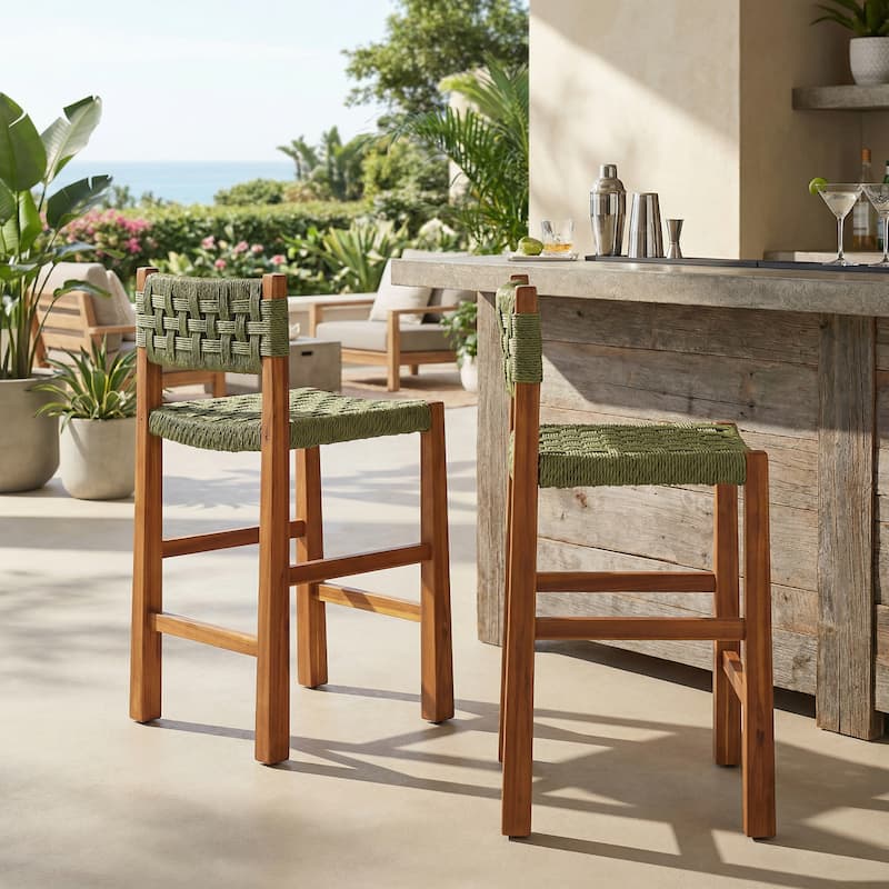Christopher Knight Home - Modern Acacia Wood Outdoor Bar Stools with Teak Finish and Wicker Back Patio Chairs - Setof2_Open Basket Weave Back_Green