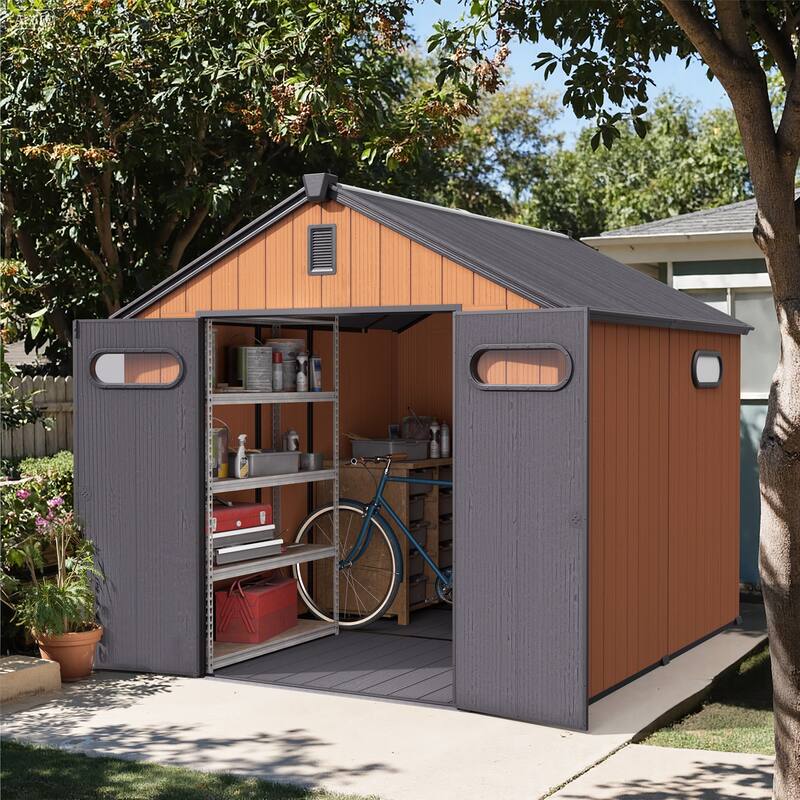 All-Weather Lockable Resin Outdoor Storage Shed with Window Floor for Patio Furniture and Tools