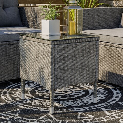 Zaara Compact Wicker and Glass Top Outdoor End Table by M&L Co.