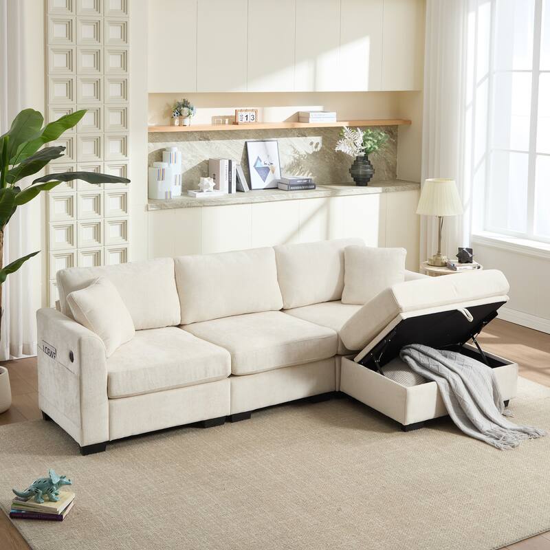 L-Shaped Modular Sectional Sofa with Storage Ottoman, 97" Chenille Corner Couch with USB Ports, Side Pockets - Beige