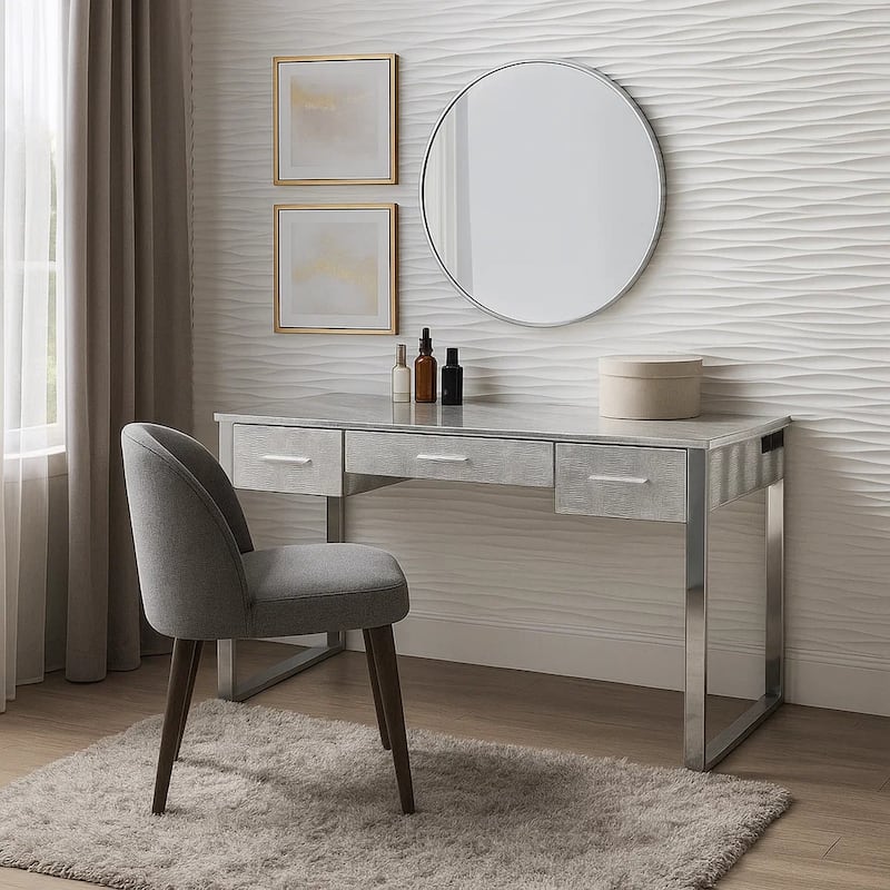 San 50 Inch Textured Vanity Desk with Round Mirror, Metal Sled Base, Chrome
