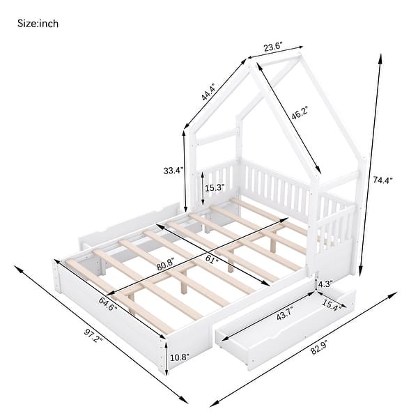 dimension image slide 0 of 3, Queen Wood House Bed with Guardrails and 2-Storage Drawers, Natural