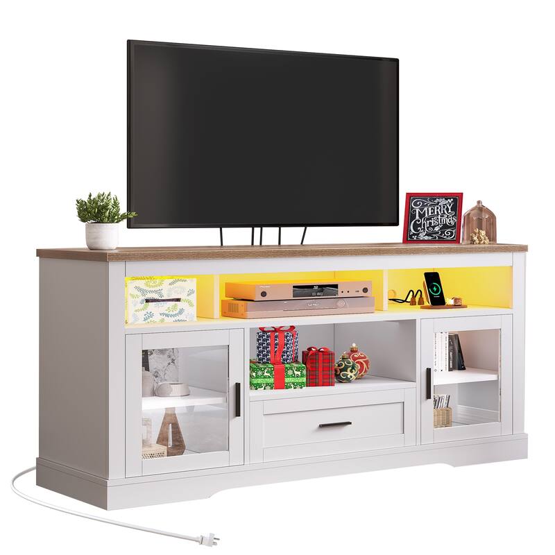 Moasis LED Farmhouse TV Stand for TV up to 65" Highboy Entertainment Center with Acrylic Doors - White