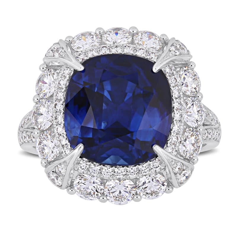 Miadora 7 1/10ct TGW Cushion-Cut Sapphire & 1 3/4ct TDW Diamond Halo Cocktail Ring in 14k White Gold
